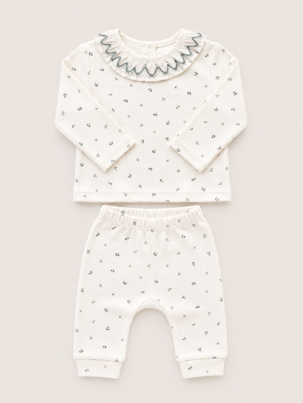 Conjunto 2 piezas estampado flores con cuello bordado