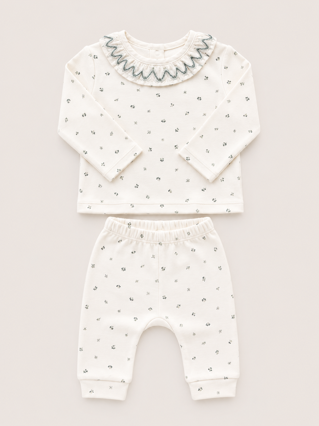 Conjunto 2 piezas estampado flores con cuello bordado