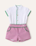 Conjunto de 2 piezas de lino con ribete verde y bermuda rayas rosas