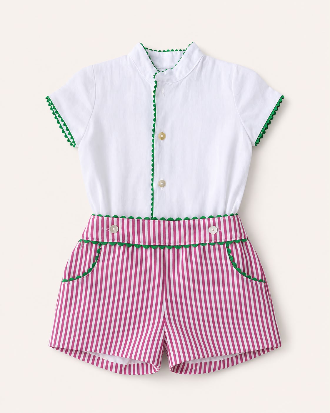 Conjunto de 2 piezas de lino con ribete verde y bermuda rayas rosas