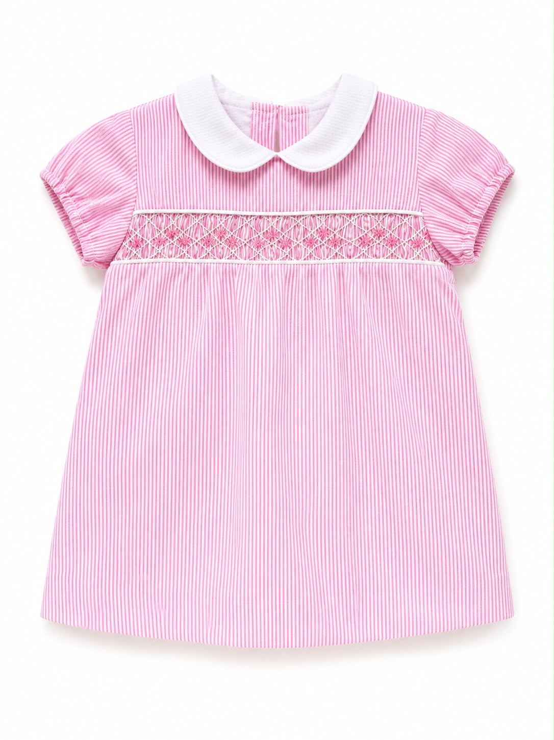 Vestido rayas rosa/blanco con smock y cuello blanco
